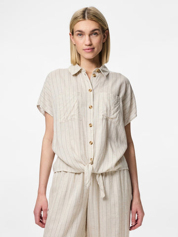 Pieces Striped Linen Blend Short Sleeve Tie Shirt in Beige