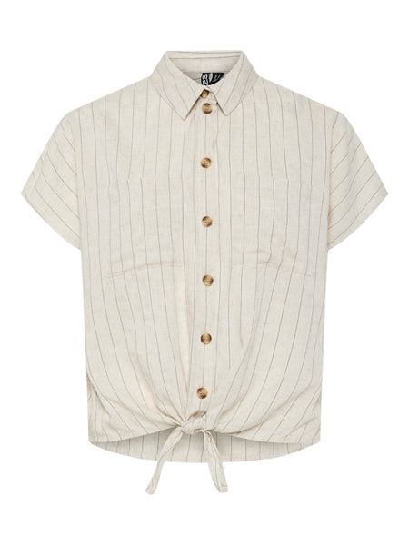Pieces Striped Linen Blend Short Sleeve Tie Shirt in Beige