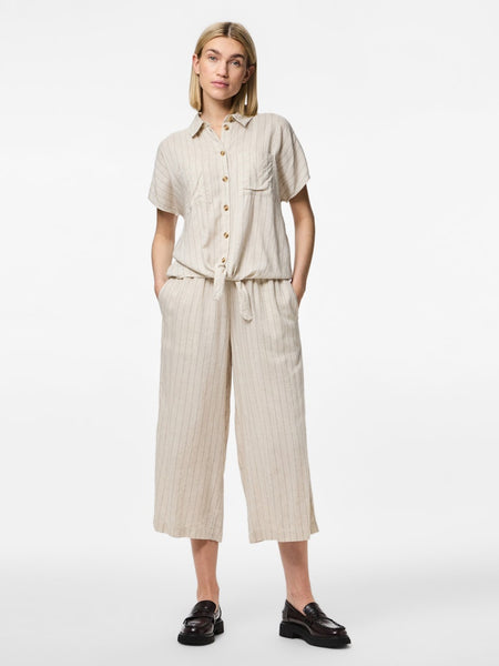 Pieces Striped Linen Blend Culottes in Beige