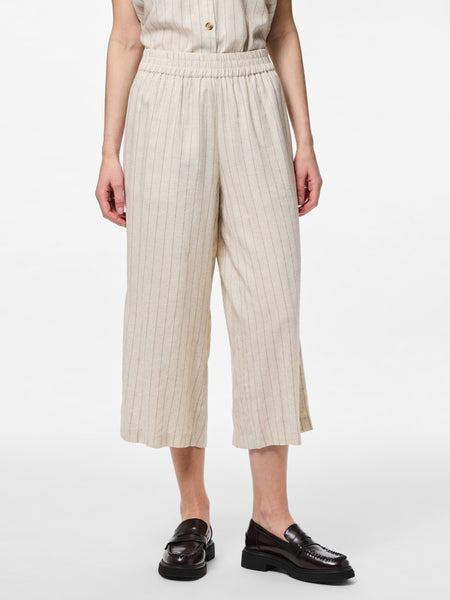 Pieces Striped Linen Blend Culottes in Beige