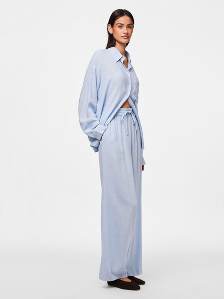 Pieces Wide Leg Linen Blend Trousers in Blue