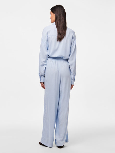 Pieces Wide Leg Linen Blend Trousers in Blue