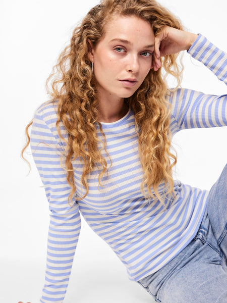 Pieces Long Sleeve Striped Top in Blue