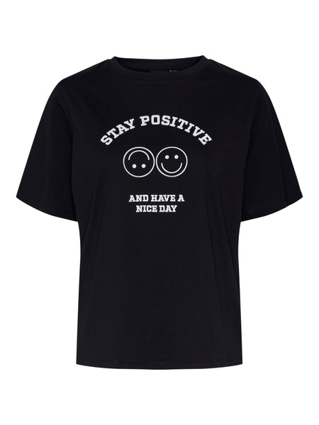 Pieces Stay Positive Slogan T-Shirt in Black
