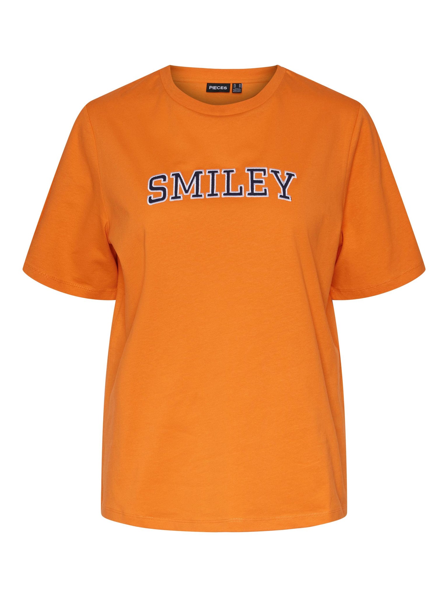 Pieces Smiley Slogan T-Shirt in Orange