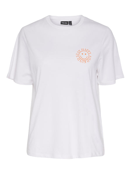 Pieces Stay Happy Slogan T-Shirt in White