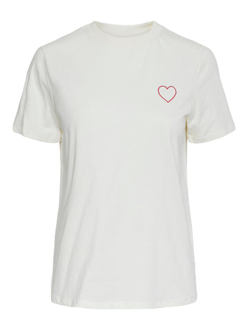 Pieces Embroidered Heart T-Shirt in Cream