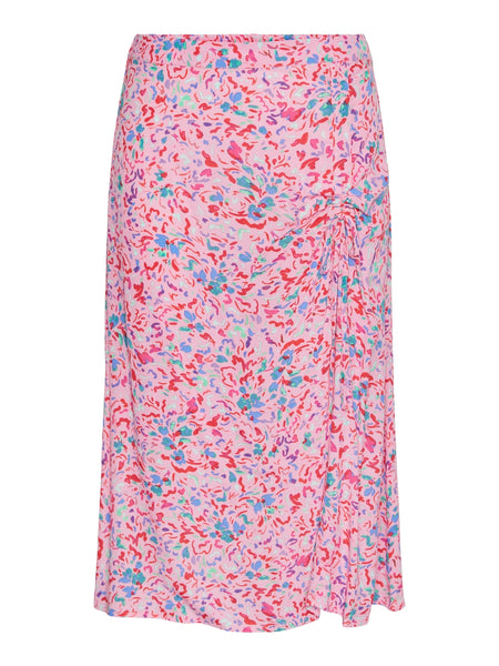 Pieces Patterned Ruched Midi Skirt in Pink