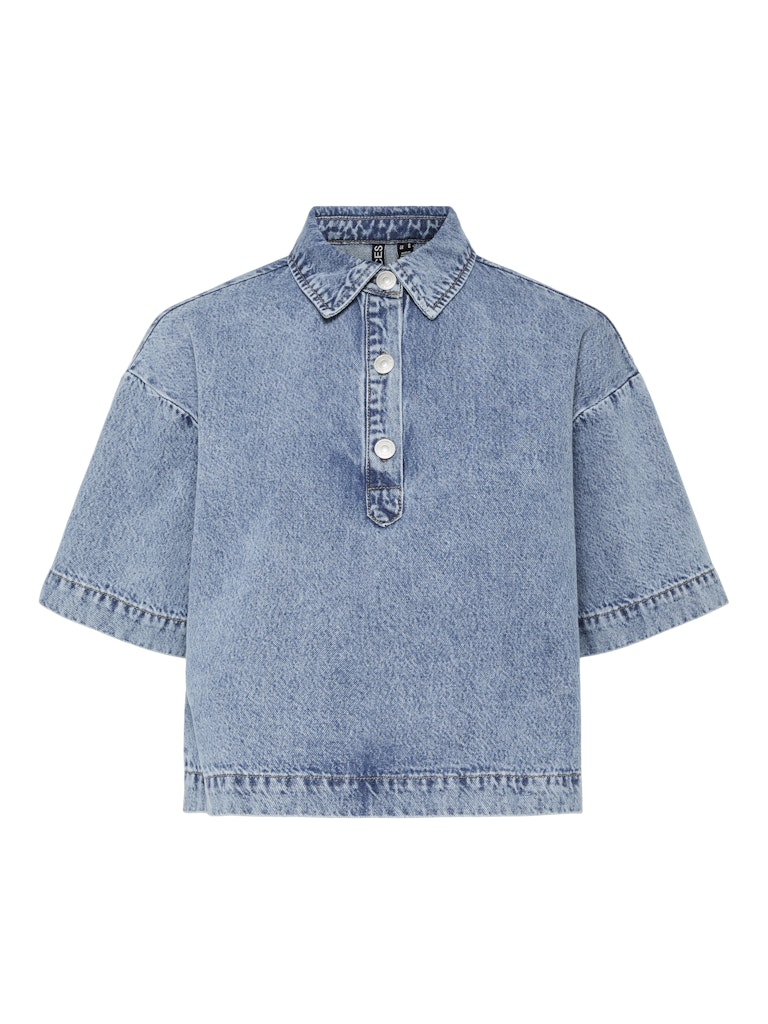 Pieces Short Sleeve Denim Shirt in Medium Blue