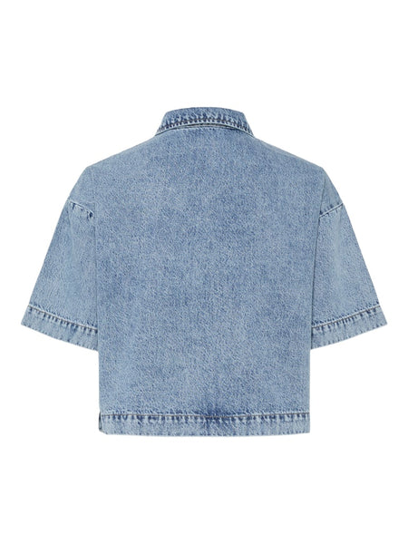 Pieces Short Sleeve Denim Shirt in Medium Blue