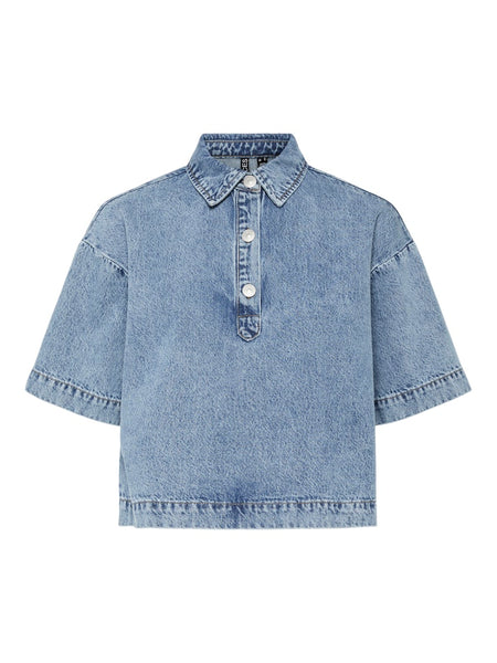 Pieces Short Sleeve Denim Shirt in Medium Blue