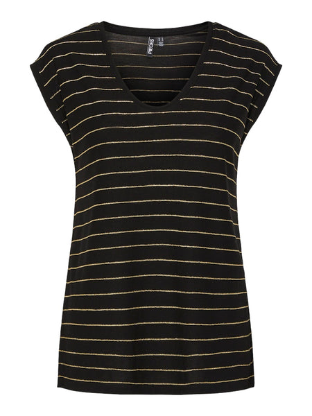 Pieces Striped Gold Lurex T-Shirt in Black