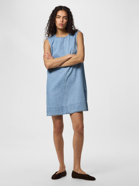 PIECES Sleeveless Short Denim Dress in Light Blue