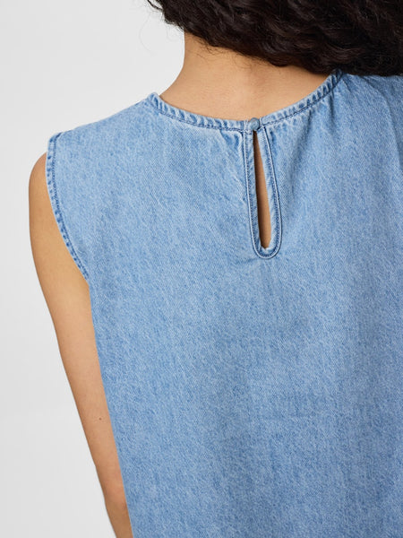PIECES Sleeveless Short Denim Dress in Light Blue