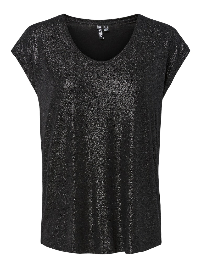PIECES Short Sleeve Glitter Top in Black