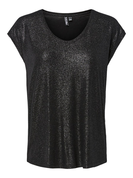 PIECES Short Sleeve Glitter Top in Black