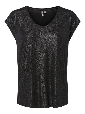 PIECES Short Sleeve Glitter Top in Black