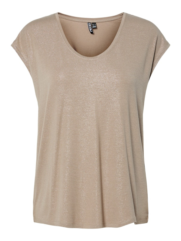 PIECES Short Sleeve Glitter Top in Beige