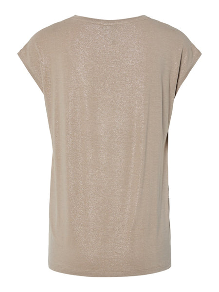 PIECES Short Sleeve Glitter Top in Beige