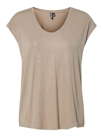 PIECES Short Sleeve Glitter Top in Beige