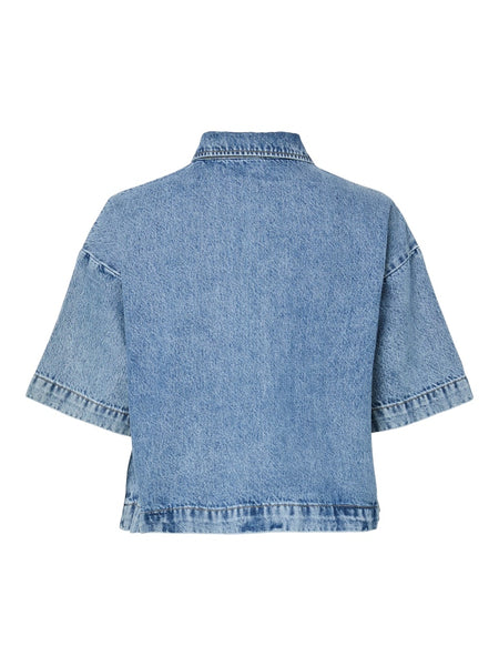 PIECES Short Sleeve Denim Shirt in Medium Blue