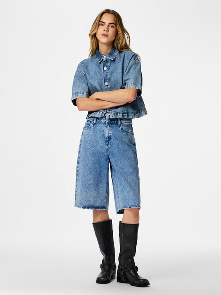 PIECES Short Sleeve Denim Shirt in Medium Blue