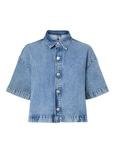 PIECES Short Sleeve Denim Shirt in Medium Blue