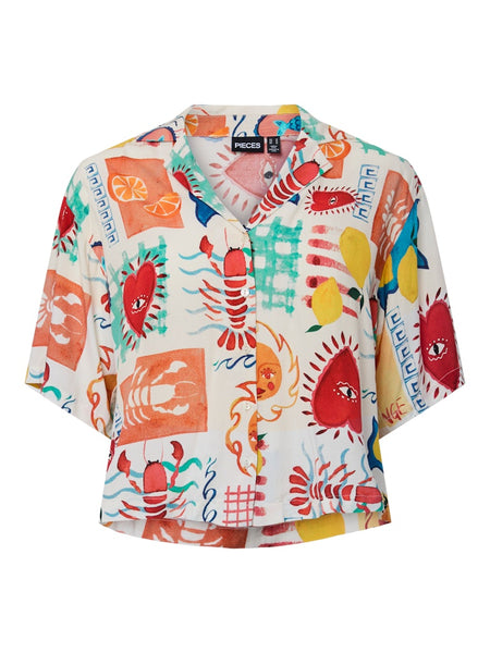 PIECES Printed Short Sleeve Shirt in Cream