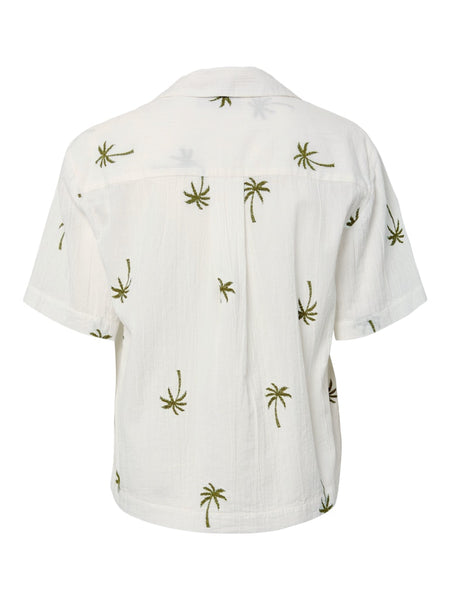 PIECES Embroidered Green Palm Tree Short Sleeve Shirt in Cream