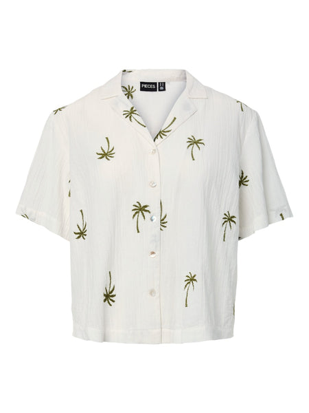 PIECES Embroidered Green Palm Tree Short Sleeve Shirt in Cream
