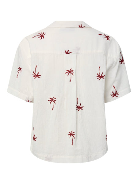 PIECES Embroidered Maroon Palm Tree Short Sleeve Shirt in Cream