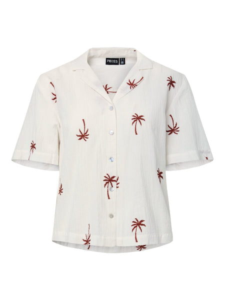 PIECES Embroidered Maroon Palm Tree Short Sleeve Shirt in Cream