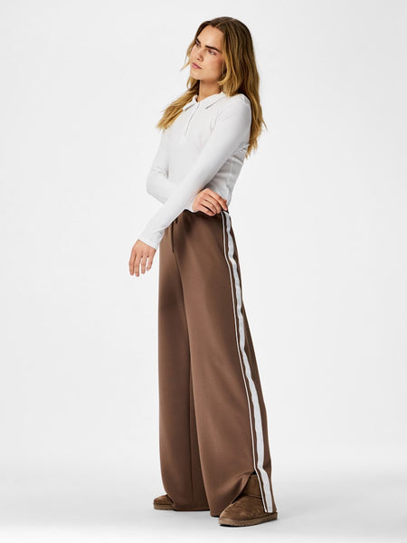 PIECES Side Stripe Wide Leg Joggers in Brown