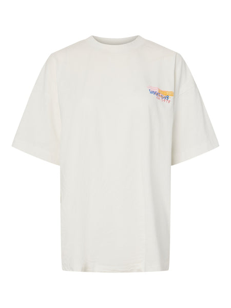 PIECES Oversized Printed "Sunset Club" T-Shirt in Cream