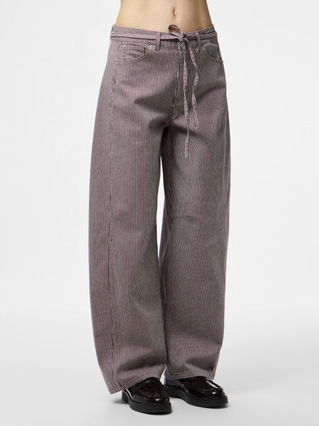 PIECES Pinstripe Tie Belt Barrel Jeans in Brown
