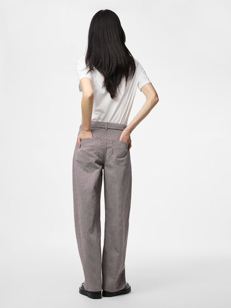 PIECES Pinstripe Tie Belt Barrel Jeans in Brown