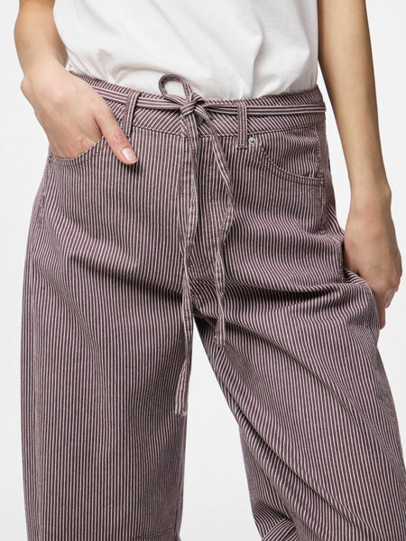 PIECES Pinstripe Tie Belt Barrel Jeans in Brown