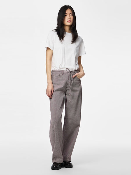 PIECES Pinstripe Tie Belt Barrel Jeans in Brown