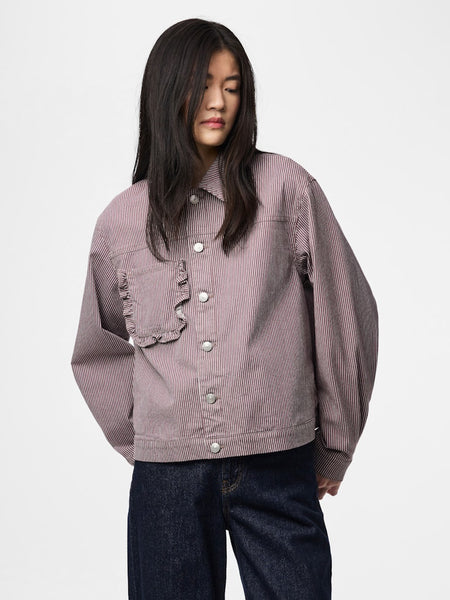 PIECES Pinstripe Denim Jacket in Brown