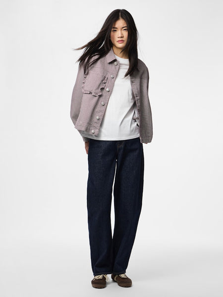 PIECES Pinstripe Denim Jacket in Brown