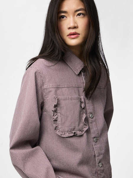 PIECES Pinstripe Denim Jacket in Brown