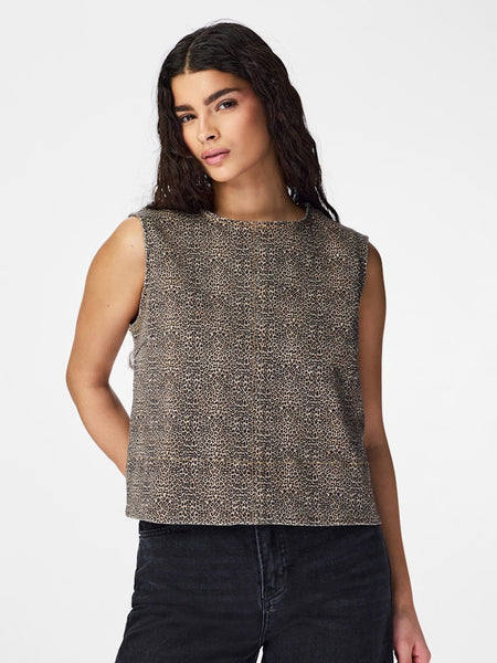 PIECES Sleeveless Leopard Print Denim Top