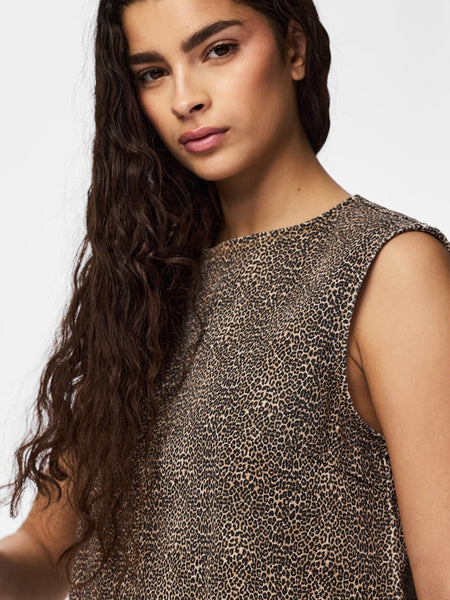 PIECES Sleeveless Leopard Print Denim Top