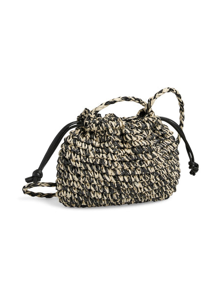 PIECES Patterned Cross Body Straw Bag in Black