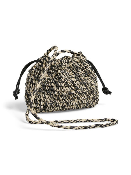 PIECES Patterned Cross Body Straw Bag in Black