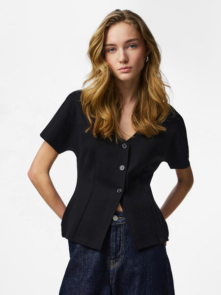 PIECES Short Sleeve Button Cardigan in Black