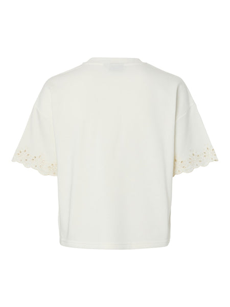 PIECES Short Sleeve Broderie Anglaise Detail Sweatshirt in Off White