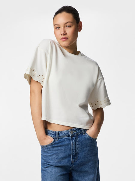 PIECES Short Sleeve Broderie Anglaise Detail Sweatshirt in Off White