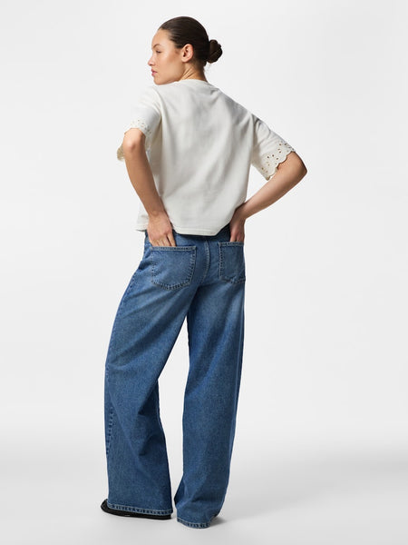 PIECES Short Sleeve Broderie Anglaise Detail Sweatshirt in Off White