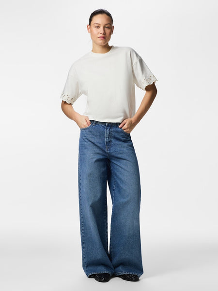 PIECES Short Sleeve Broderie Anglaise Detail Sweatshirt in Off White